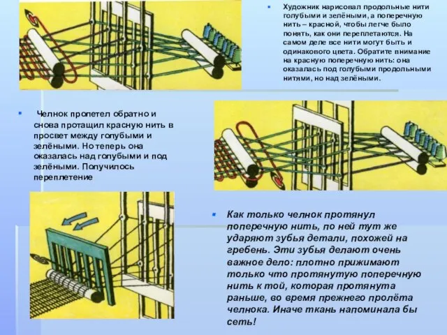 Художник нарисовал продольные нити голубыми и зелёными, а поперечную нить – красной,