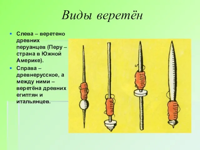 Виды веретён Слева – веретено древних перуанцев (Перу – страна в Южной