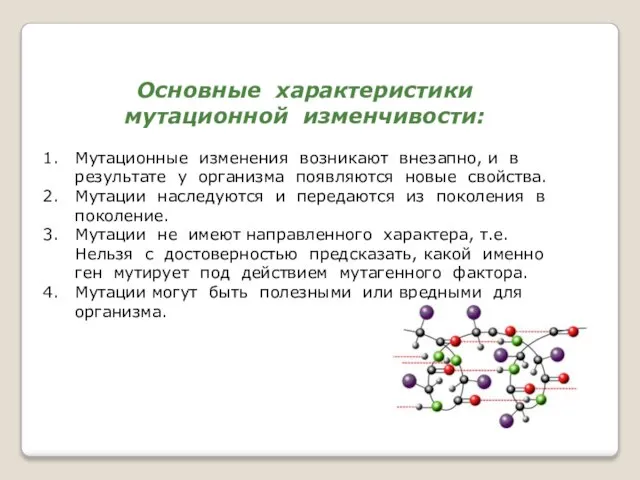 Основные характеристики мутационной изменчивости: Мутационные изменения возникают внезапно, и в результате у