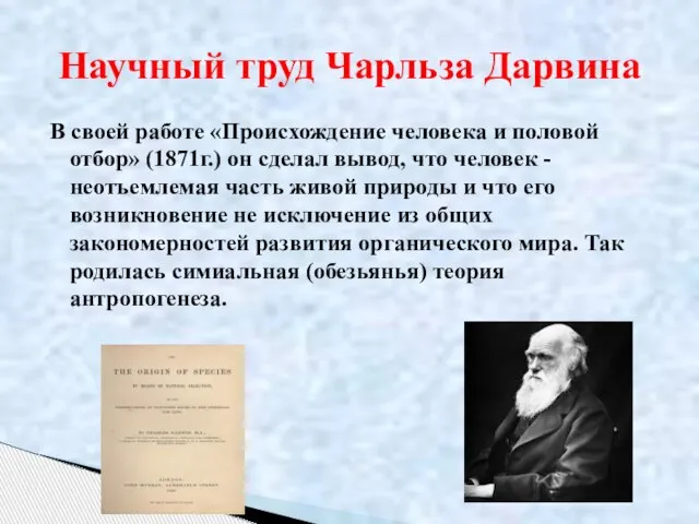 В своей работе «Происхождение человека и половой отбор» (1871г.) он сделал вывод,