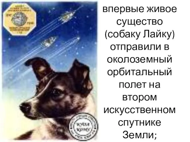 1957 г. — впервые живое существо (собаку Лайку) отправили в околоземный орбитальный