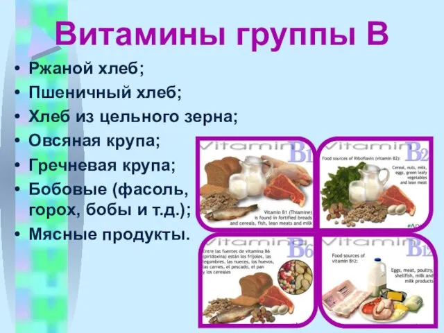 Витамины группы В Ржаной хлеб; Пшеничный хлеб; Хлеб из цельного зерна; Овсяная