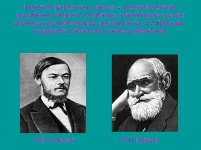 Развитие физиологии связано с именами великих российских ученых И. Сеченова, заложившего основы