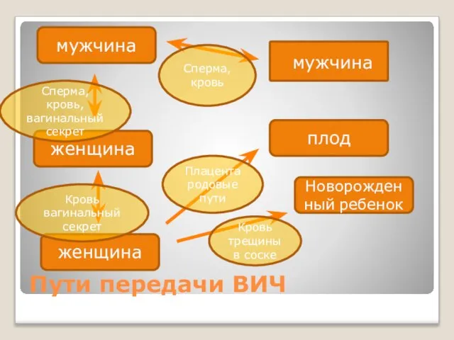 Пути передачи ВИЧ мужчина мужчина плод Новорожденный ребенок женщина женщина Сперма, кровь