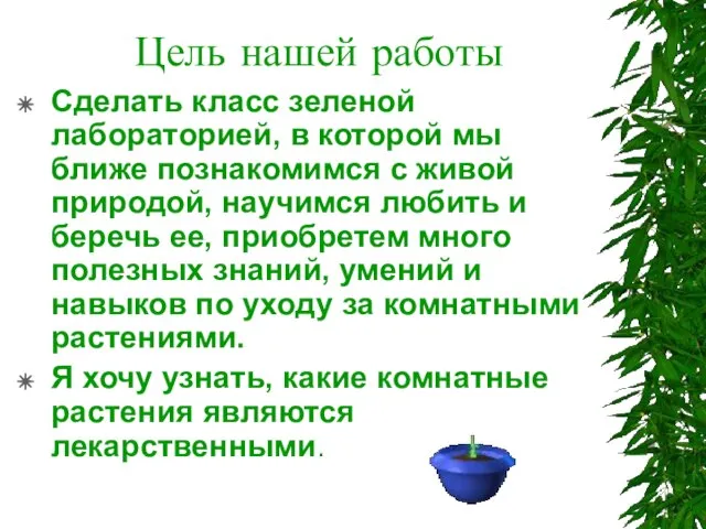 Цель нашей работы Сделать класс зеленой лабораторией, в которой мы ближе познакомимся