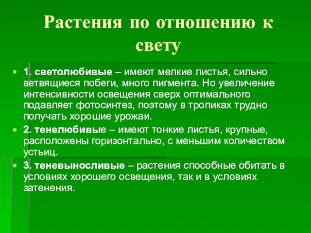 Растения по отношению к свету 1. светолюбивые – имеют мелкие листья, сильно