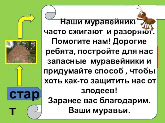 старт ? ? Это надо знать Наши муравейники часто сжигают и разоряют.