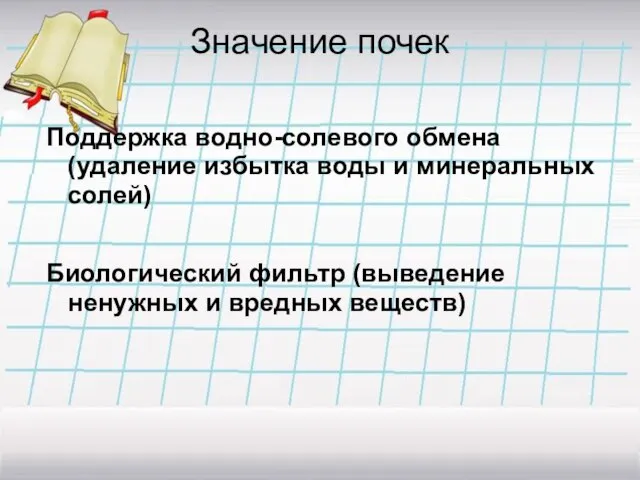 Значение почек Поддержка водно-солевого обмена (удаление избытка воды и минеральных солей) Биологический