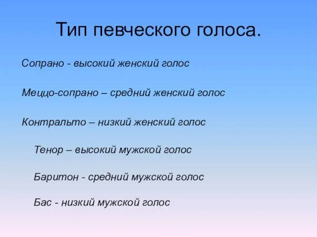 Тип певческого голоса. Сопрано - высокий женский голос Меццо-сопрано – средний женский