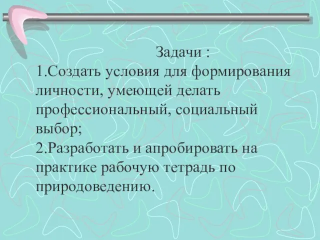 Задачи : 1.Создать условия для формирования личности, умеющей делать профессиональный, социальный выбор;