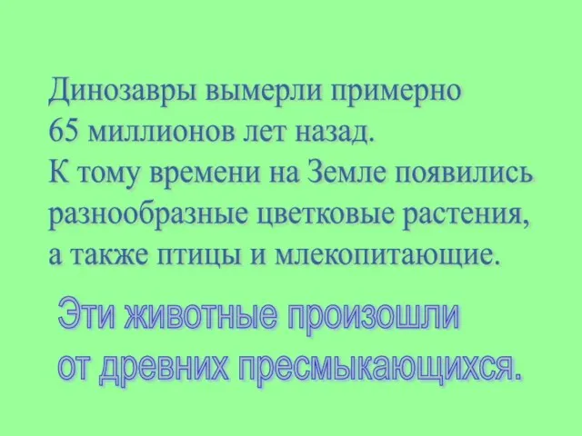 Динозавры вымерли примерно 65 миллионов лет назад. К тому времени на Земле