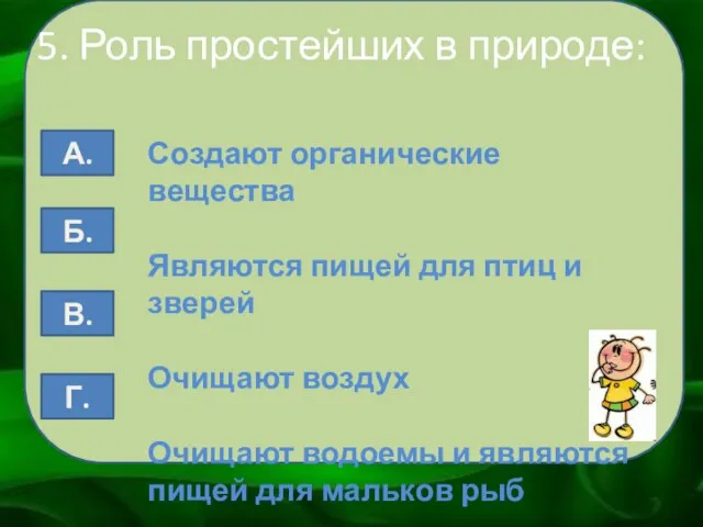 5. Роль простейших в природе: Создают органические вещества Являются пищей для птиц