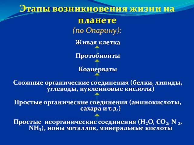 Этапы возникновения жизни на планете (по Опарину): Живая клетка Протобионты Коацерваты Сложные