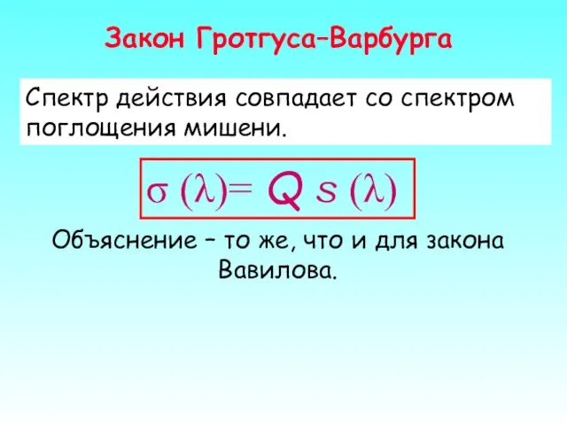 Закон Гротгуса–Варбурга Спектр действия совпадает со спектром поглощения мишени. σ (λ)= Q