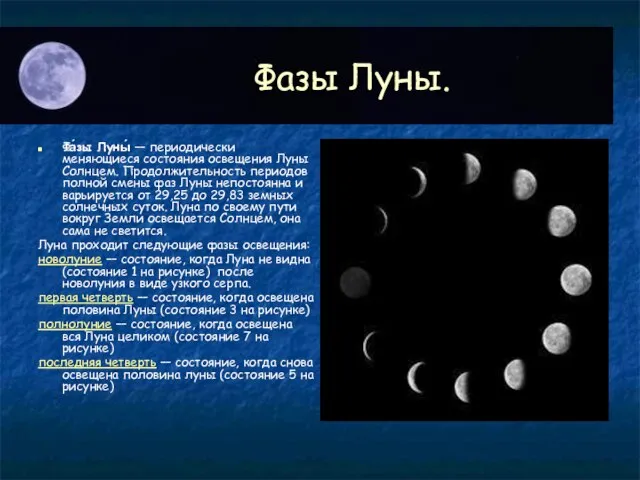 Фазы Луны. Фа́зы Луны́ — периодически меняющиеся состояния освещения Луны Солнцем. Продолжительность