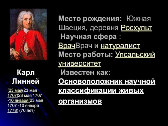 Место рождения: Южная Швеция, деревня Росхульт Научная сфера : ВрачВрач и натуралист