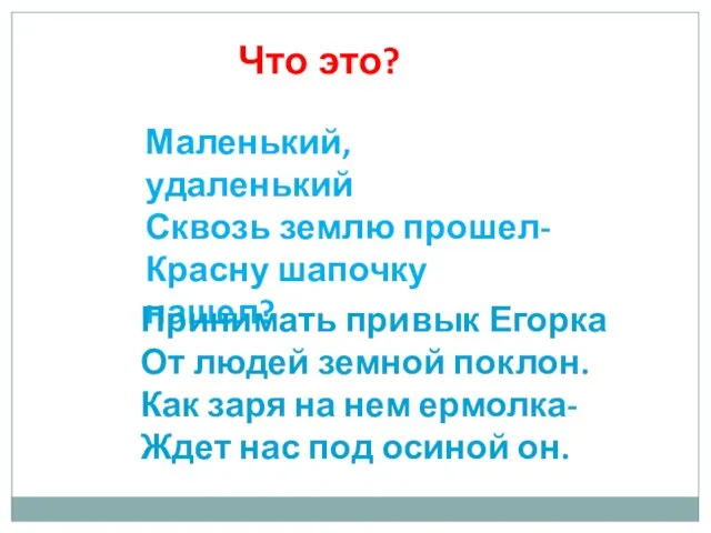 Маленький, удаленький Сквозь землю прошел- Красну шапочку нашел? Принимать привык Егорка От