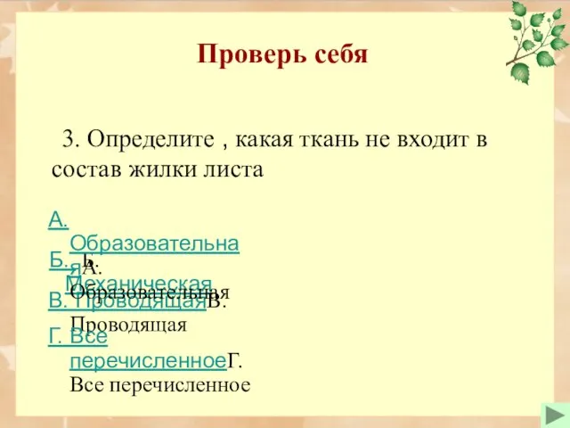 Проверь себя 3. Определите , какая ткань не входит в состав жилки