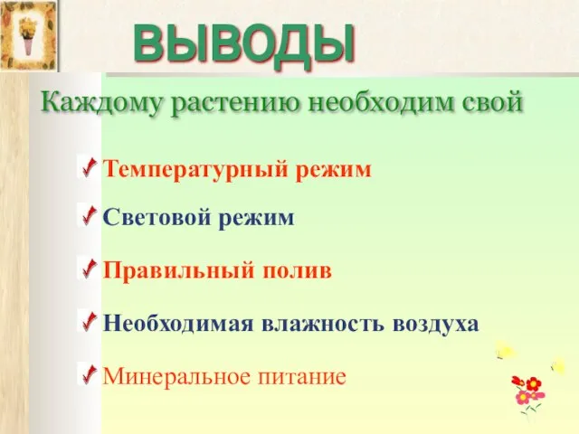 Каждому растению необходим свой выводы Температурный режим Световой режим Правильный полив Необходимая влажность воздуха Минеральное питание