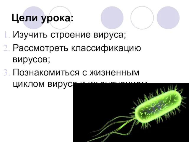 Цели урока: Изучить строение вируса; Рассмотреть классификацию вирусов; Познакомиться с жизненным циклом вируса и их значением.