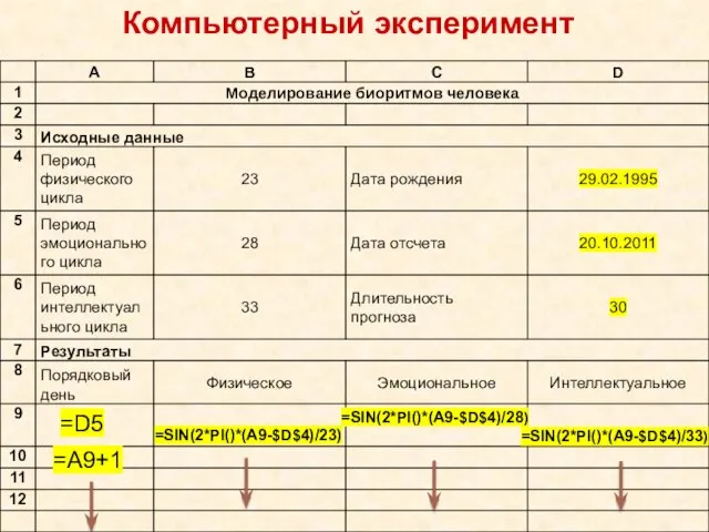 =SIN(2*PI()*(A9-$D$4)/28) =SIN(2*PI()*(A9-$D$4)/23) =SIN(2*PI()*(A9-$D$4)/33) =D5 =A9+1 Компьютерный эксперимент