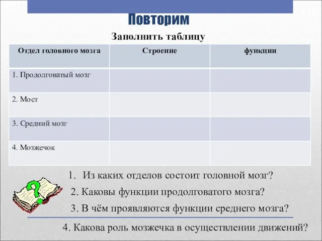 Повторим Из каких отделов состоит головной мозг? 2. Каковы функции продолговатого мозга?