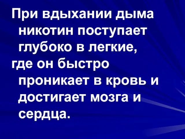 При вдыхании дыма никотин поступает глубоко в легкие, где он быстро проникает