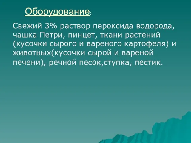 Оборудование: Свежий 3% раствор пероксида водорода, чашка Петри, пинцет, ткани растений (кусочки