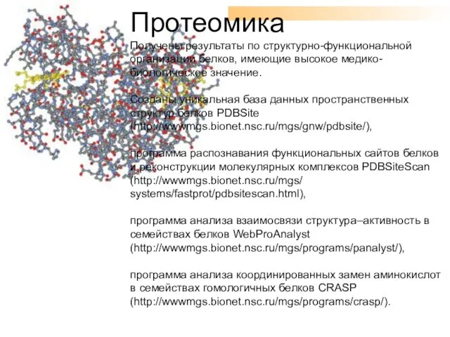 Протеомика Получены результаты по структурно-функциональной организации белков, имеющие высокое медико-биологическое значение. Созданы