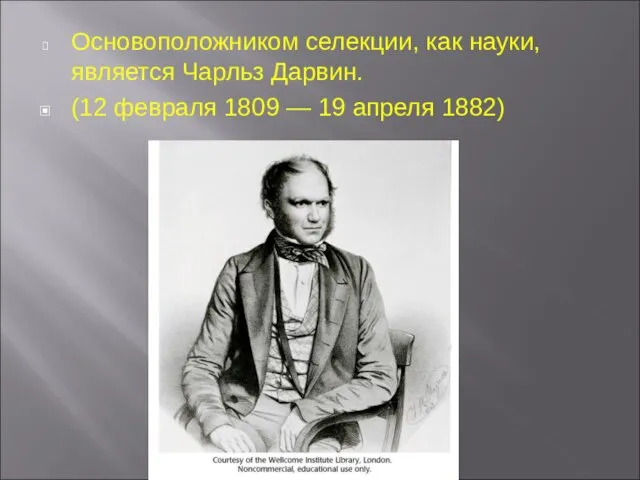 Основоположником селекции, как науки, является Чарльз Дарвин. (12 февраля 1809 — 19 апреля 1882)