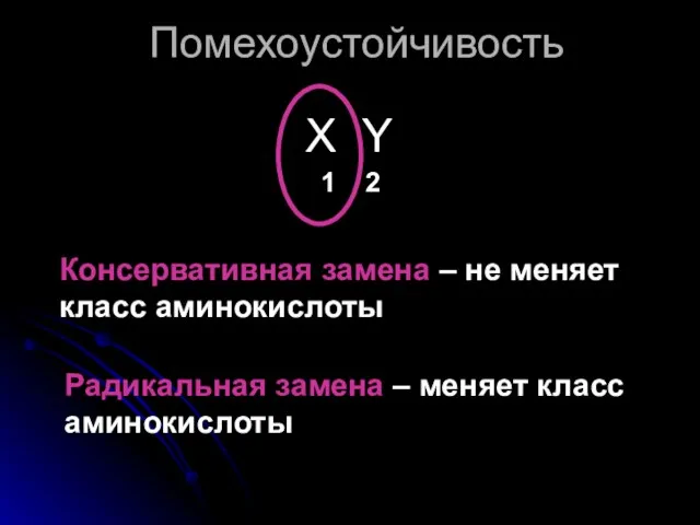 Помехоустойчивость X Y 1 2 Консервативная замена – не меняет класс аминокислоты