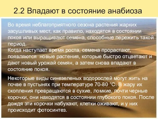 2.2 Впадают в состояние анабиоза Во время неблагоприятного сезона растения жарких засушливых