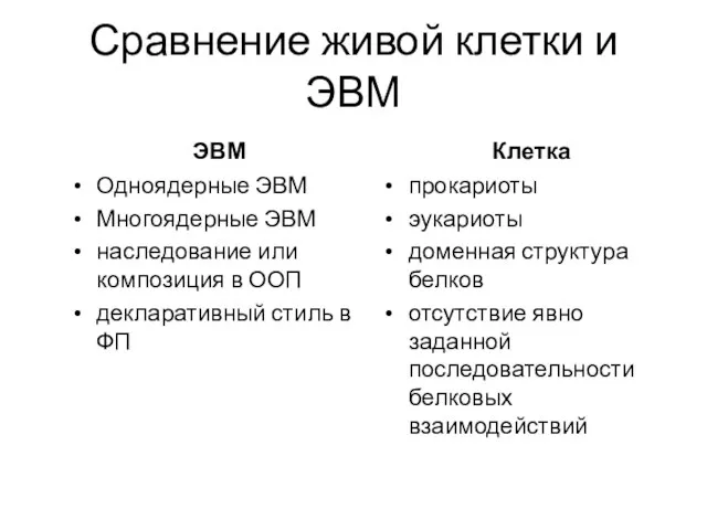 Сравнение живой клетки и ЭВМ Клетка прокариоты эукариоты доменная структура белков отсутствие