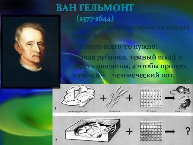 Ван Гельмонт (1577-1644) описал, как за три недели, он создал мышей. Для