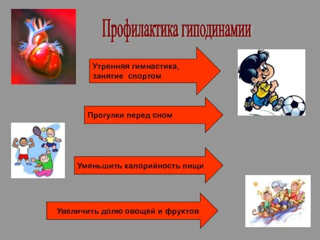 Профилактика гиподинамии Утренняя гимнастика, занятие спортом Прогулки перед сном Уменьшить калорийность пищи