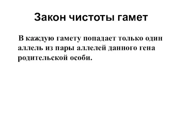 Закон чистоты гамет В каждую гамету попадает только один аллель из пары