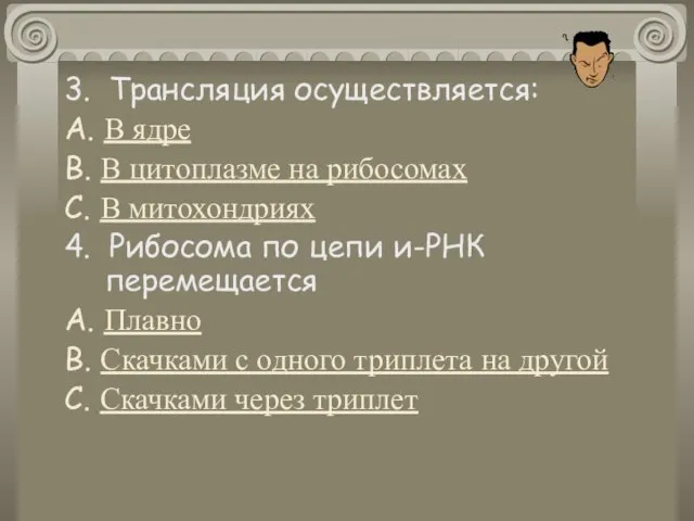 3. Трансляция осуществляется: А. В ядре В. В цитоплазме на рибосомах С.