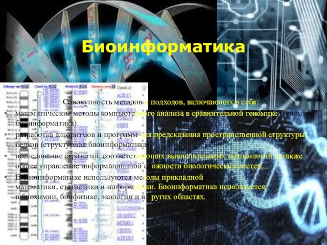 Биоинформатика Совокупность методов и подходов, включающих в себя: математические методы компьютерного анализа