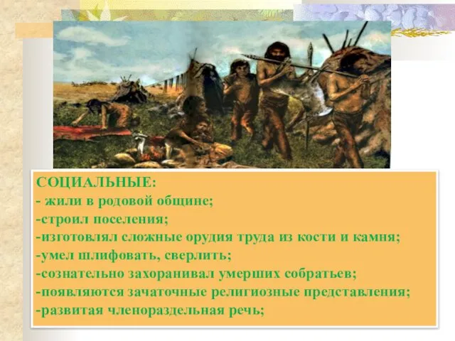 СОЦИАЛЬНЫЕ: - жили в родовой общине; -строил поселения; -изготовлял сложные орудия труда