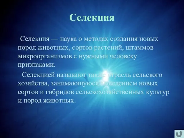 Селекция Селекция — наука о методах создания новых пород животных, сортов растений,