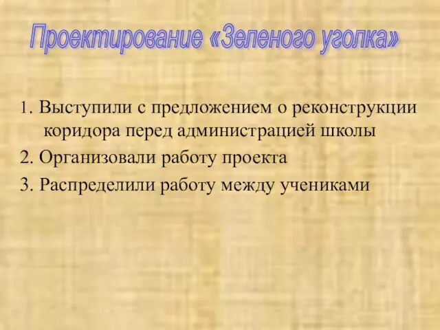 1. Выступили с предложением о реконструкции коридора перед администрацией школы 2. Организовали