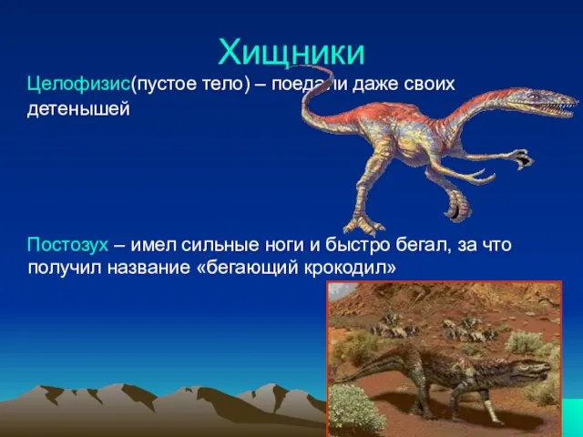 Хищники Целофизис(пустое тело) – поедали даже своих детенышей Постозух – имел сильные