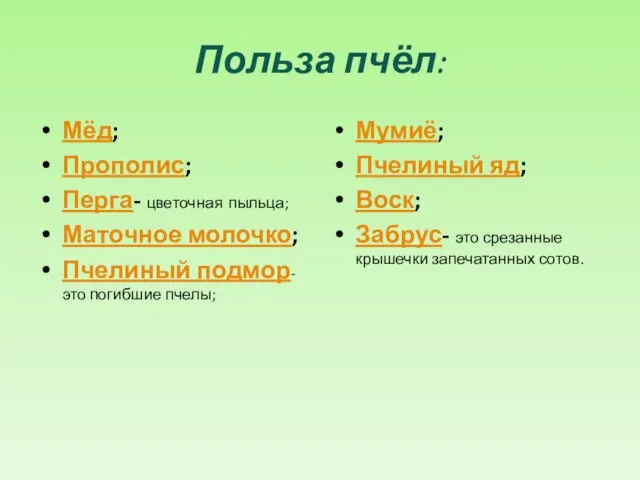 Польза пчёл: Мёд; Прополис; Перга- цветочная пыльца; Маточное молочко; Пчелиный подмор-это погибшие