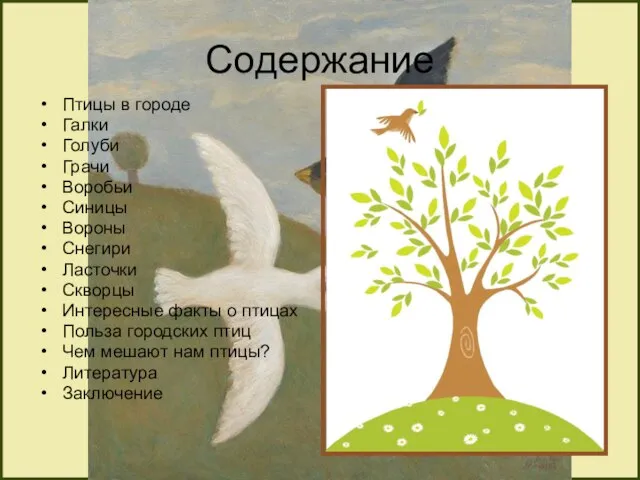 Содержание Птицы в городе Галки Голуби Грачи Воробьи Синицы Вороны Снегири Ласточки