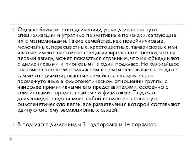 Однако большинство диллениид ушло далеко по пути специализации и утратило примитивные признаки,