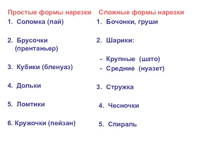 Простые формы нарезки 1. Соломка (пай) 2. Брусочки (прентаньер) 3. Кубики (бленуаз)