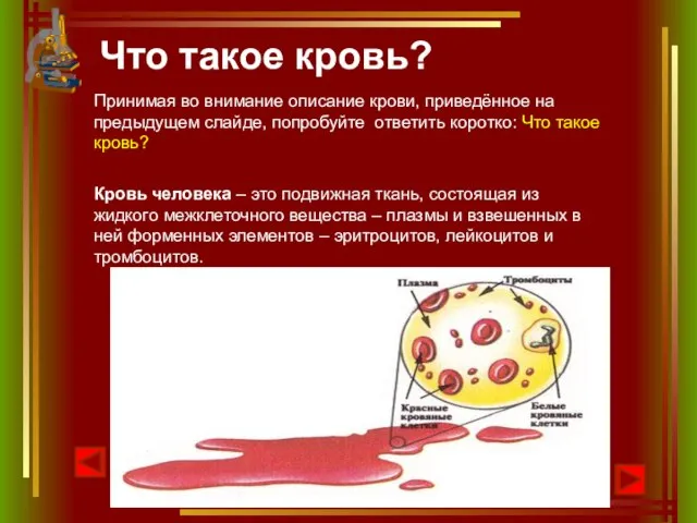 Что такое кровь? Принимая во внимание описание крови, приведённое на предыдущем слайде,