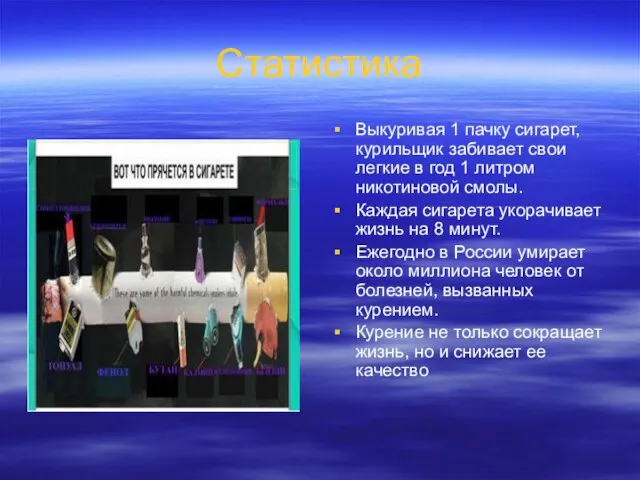 Статистика Выкуривая 1 пачку сигарет, курильщик забивает свои легкие в год 1