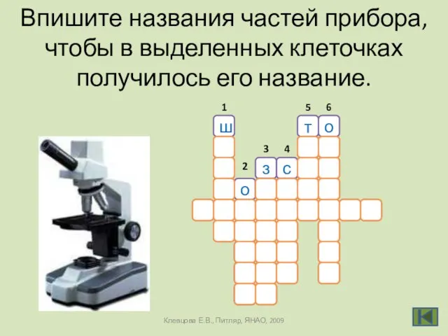 Впишите названия частей прибора, чтобы в выделенных клеточках получилось его название. м