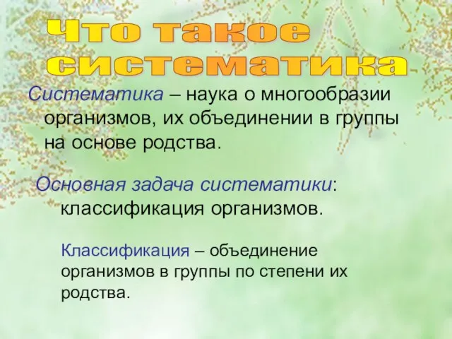 Систематика – наука о многообразии организмов, их объединении в группы на основе